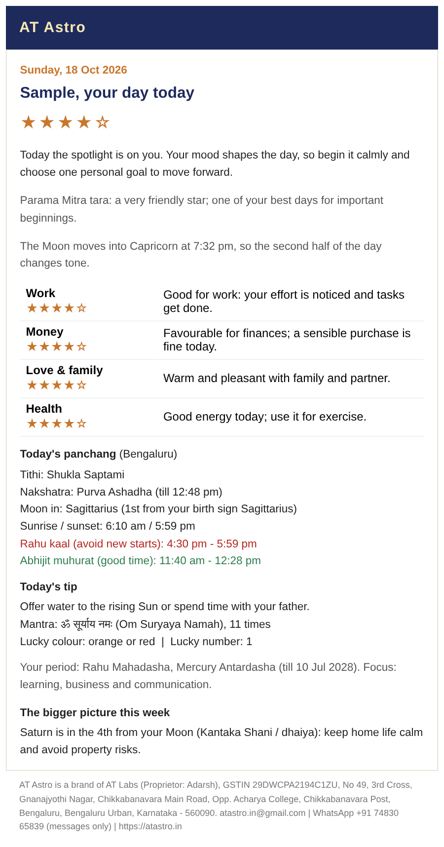 Sample daily horoscope email in English